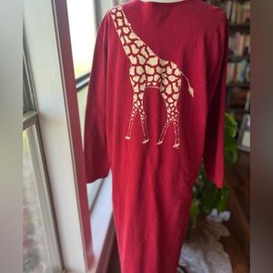 Red Giraffe Family Print Tunic Dress | Safari Animal Graphic Midi Dress Medium